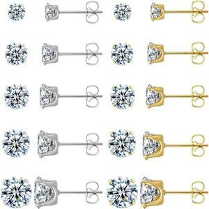 Stud earrings set gold silver hypoallergenic zirconia waterproof 10 pairs